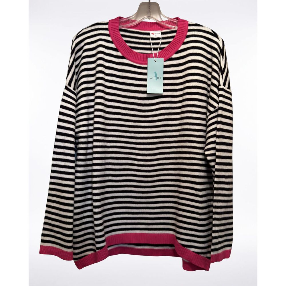 NWT Wiholl Women's Striped Crewneck Pullover Cardigan Black/White/Pink Size S - Picture 2 of 7